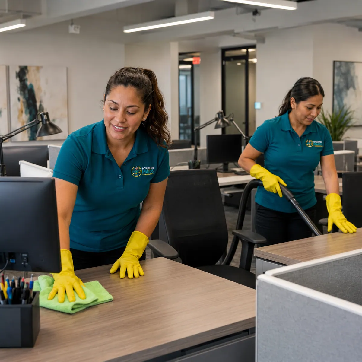 Cleaners wiping desks and vacuuming between workstations in an open-plan office