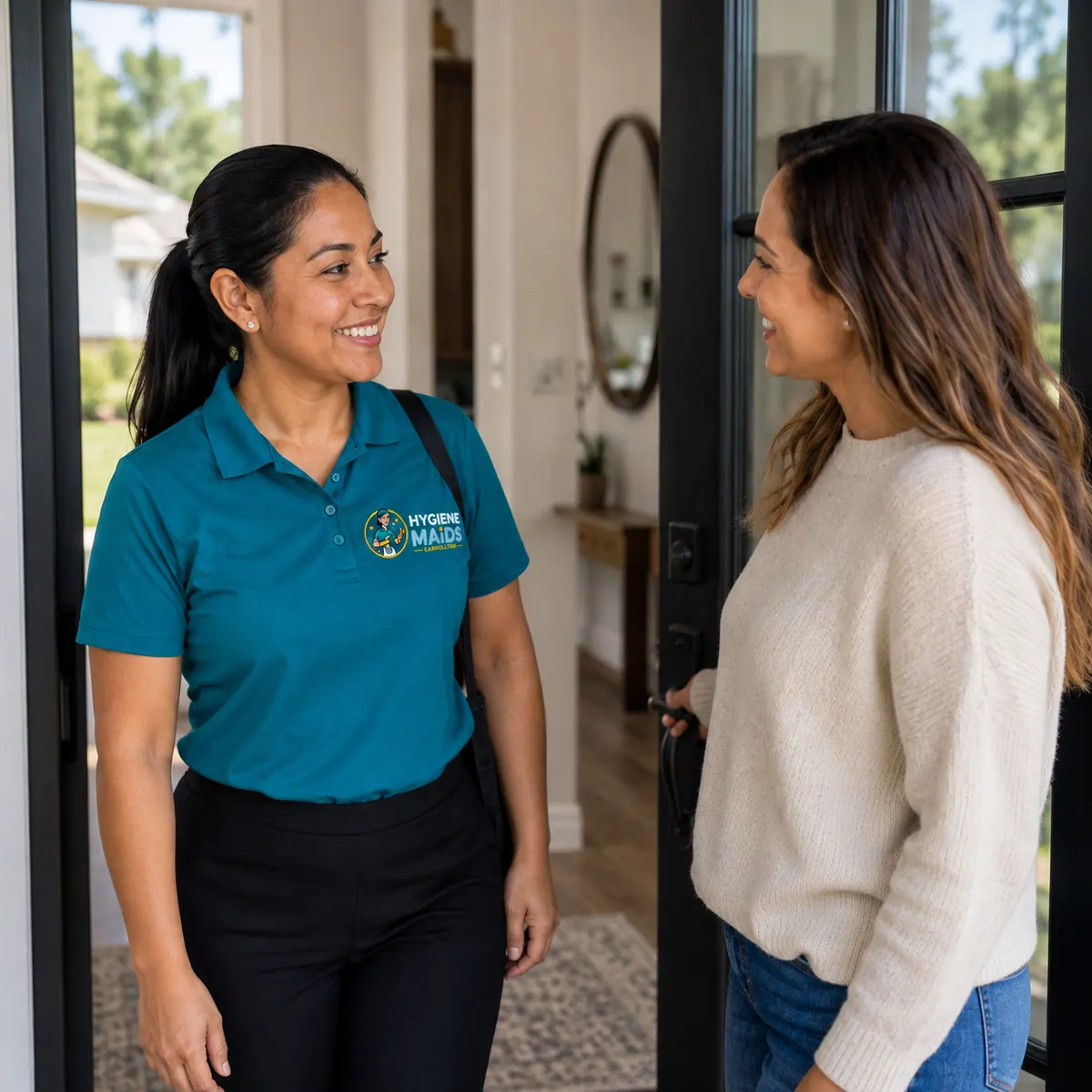 A cleaner greeting a homeowner at her front door