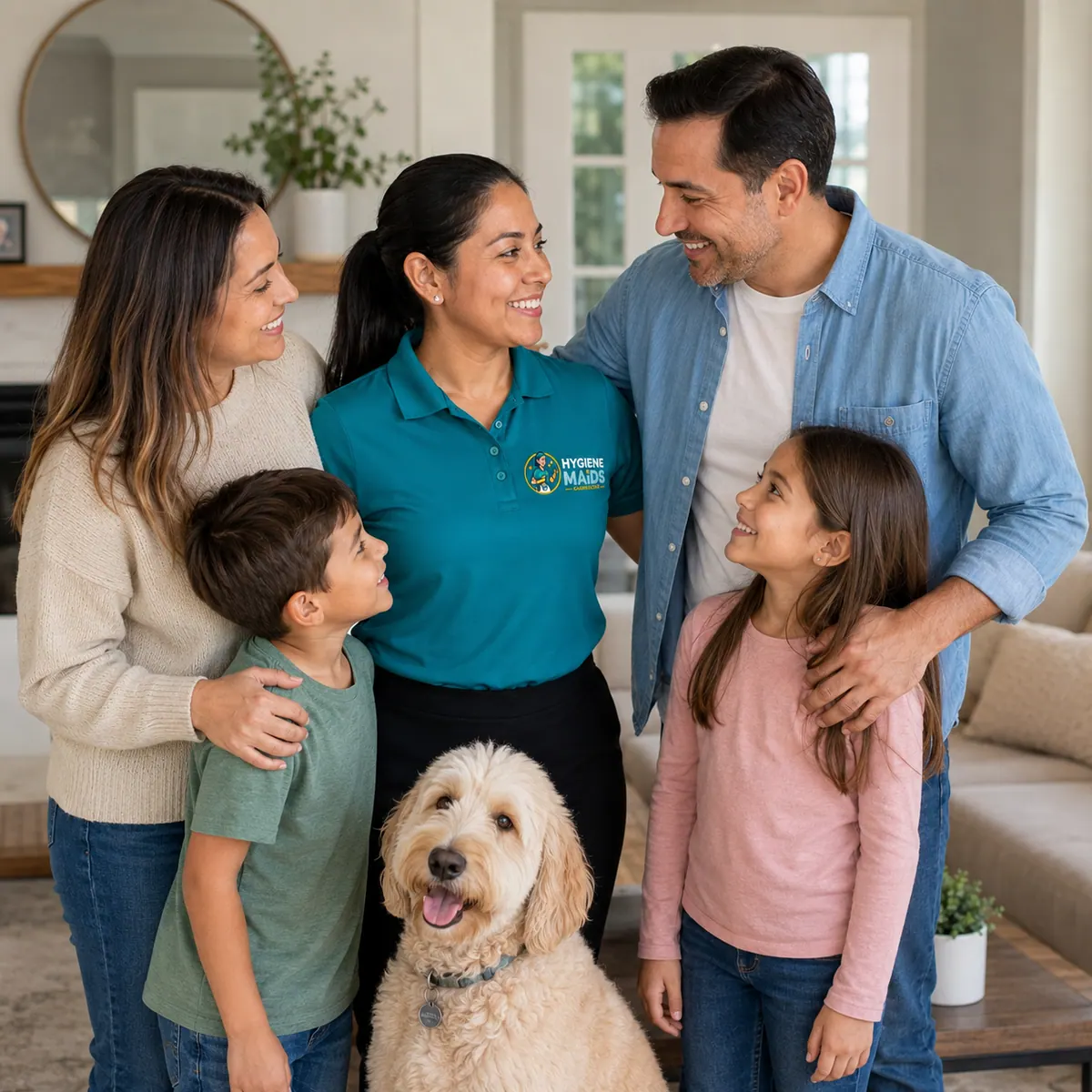 A cleaner standing with a family and their dog in a living room