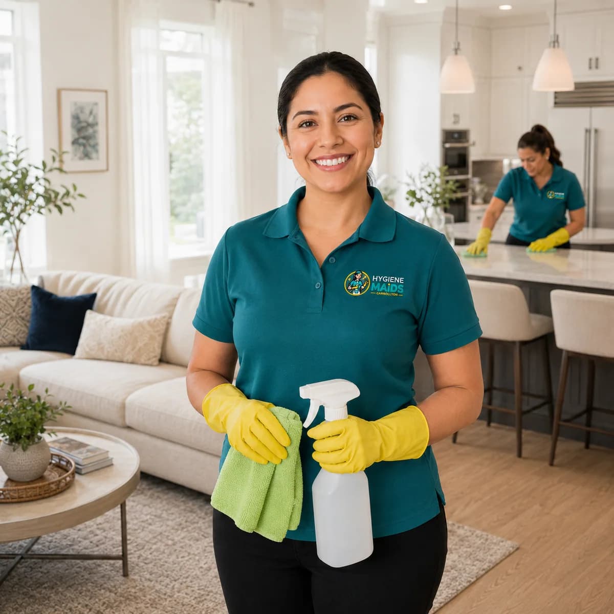 A Hygiene Maids of Carrollton cleaner in a teal uniform holding a spray bottle and cloth, with a colleague wiping the kitchen island behind her