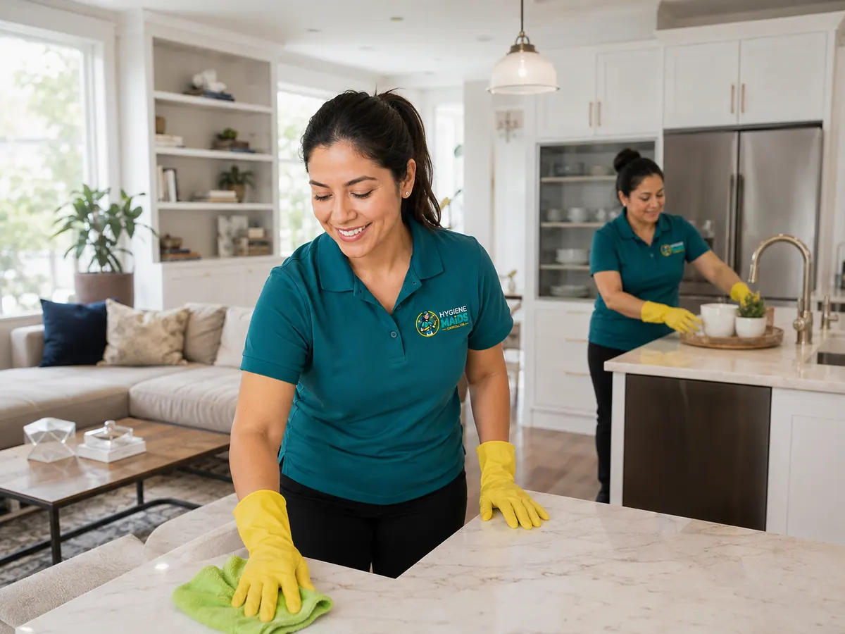 Two cleaners wiping down a marble kitchen island and countertop