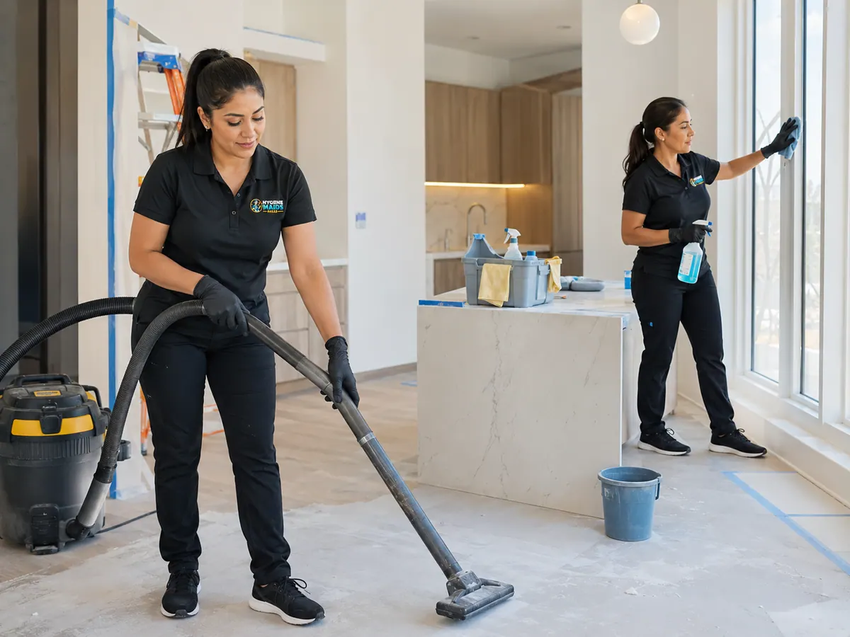 Two cleaners vacuuming construction dust and wiping windows in a newly built home