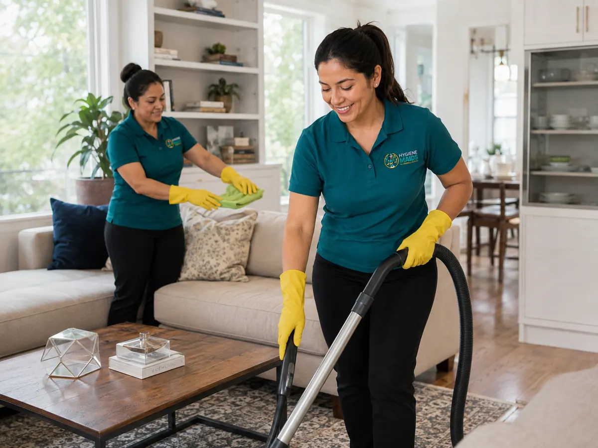 A cleaner vacuuming a living-room rug while a colleague plumps the sofa cushions